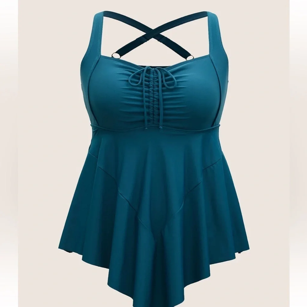 BloomChic Plus Size XL Plain Gathered Adjustable Straps Drawstring Swim Dress - Picture 7 of 8